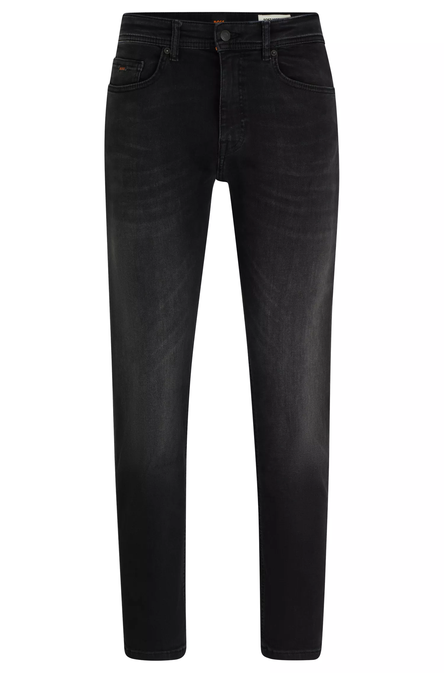 Calça jeans BOSS laranja, corte afunilado, em denim preto super elástico.