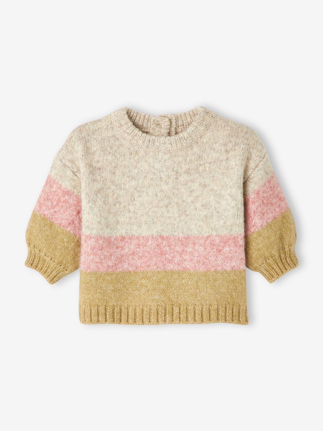 Suéter de tricô listrado largo para bebê, rosa-acinzentado médio.