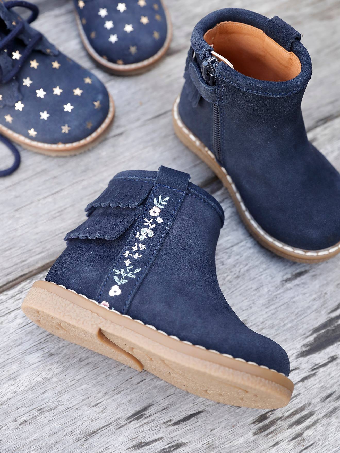 Botas de tornozelo de couro com franjas, lisas, azul-escuras, para bebê menina, com estampas.