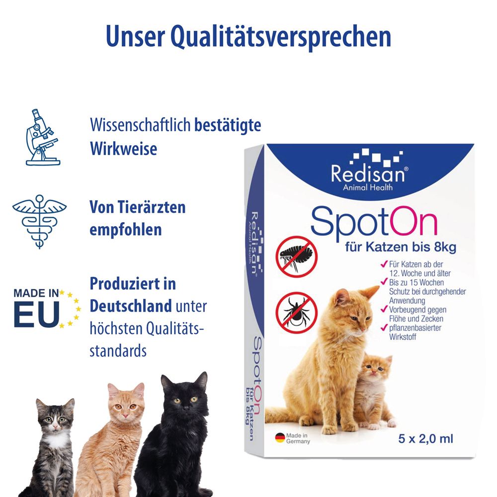 Redisan® Katzen Spot on - Pflanzenbasiertes Zeckenmittel - OHNE CHEMIE - Effektiver Schutz vor Zecken Flöhen & Insekten - Zeckenschutz Katze ohne Nebenwirkung - Bis zu 15 Wochen