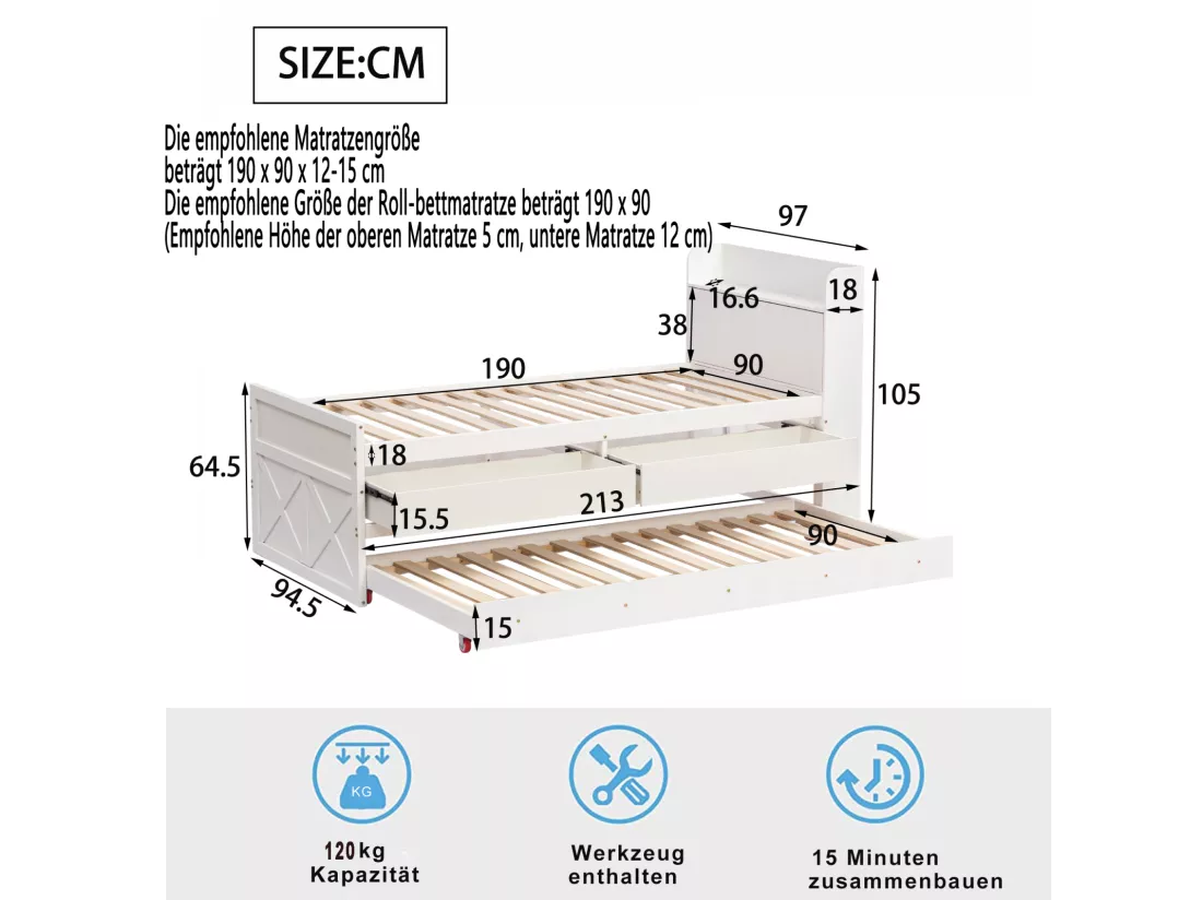 Lit gigogne 90x190cm, lit d'enfant avec tiroir extensible, sommier à lattes, tête de lit avec étagères de rangement et prise USB, blanc