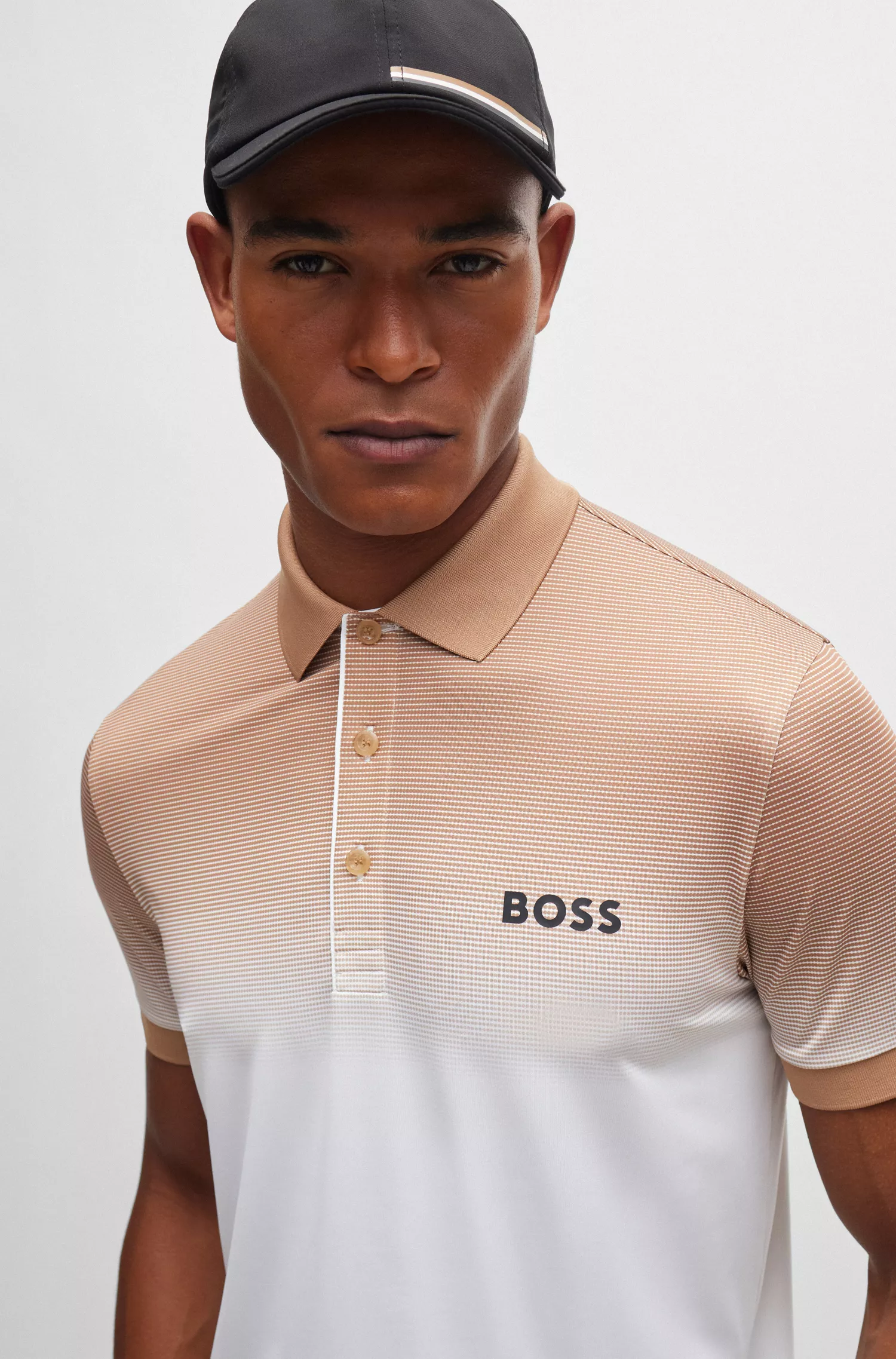 Camisa polo BOSS verde em malha elástica com listras degradê