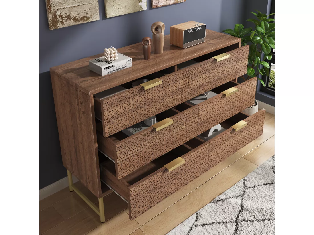 Buffet effet bois noyer 6 tiroirs en relief et poignées pieds dorés 120x40x75cm ZINS