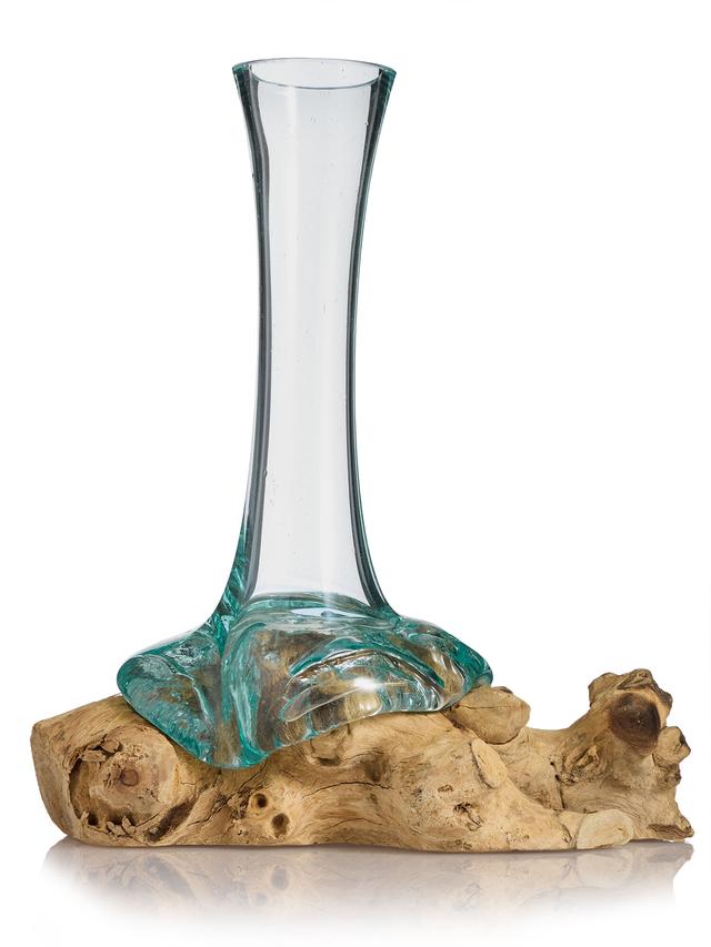 Teakholz mit Glasvase, hoch ca. 25 cm