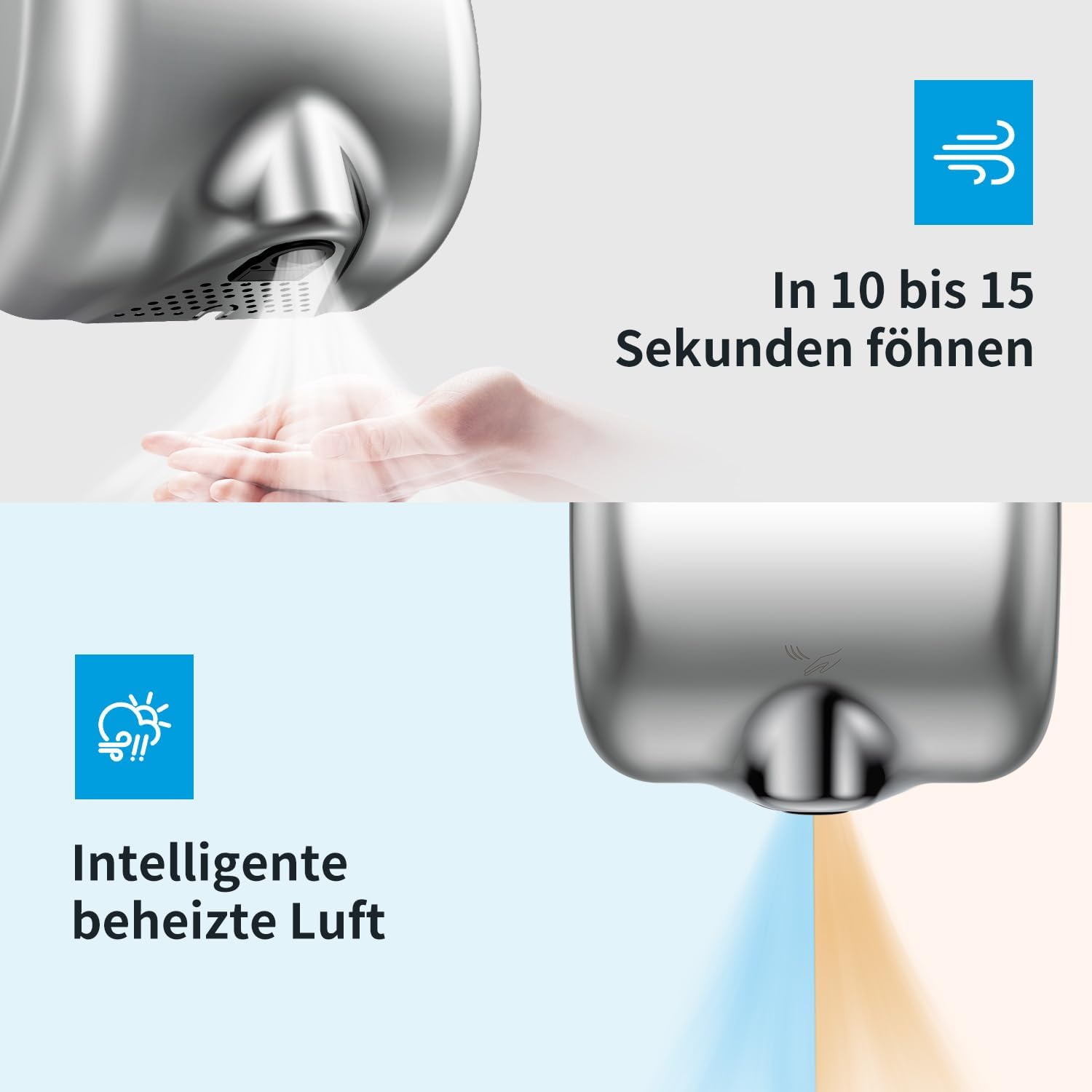 AIKE AK2800B ECO Händetrockner - elektrisch, aus gebürstetem Edelstahl mit Sensorautomatik und HEPA-Filter, 10–15 Sekunden Trocknung, umweltfreundlich und effizient