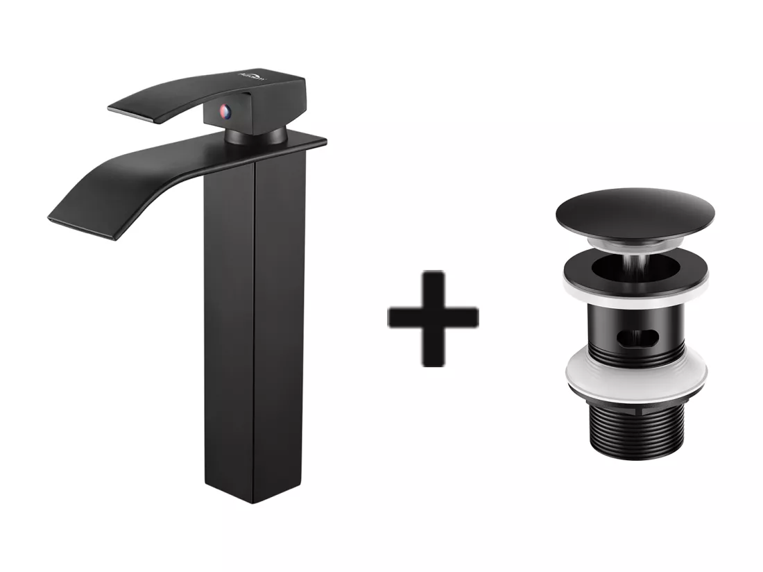 Mitigeur Robinet de Lavabo Cascade Noir Moderne Mitigeur Robinet Salle Bain+Bonde Lavabo Bonde Pop-up avec Trop-plein Automatique Universelle
