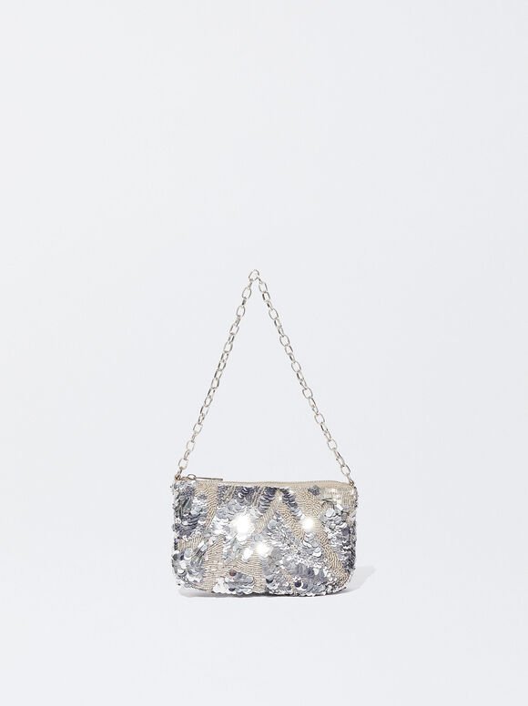 Bolsa de festa com lantejoulas e miçangas - Prateada