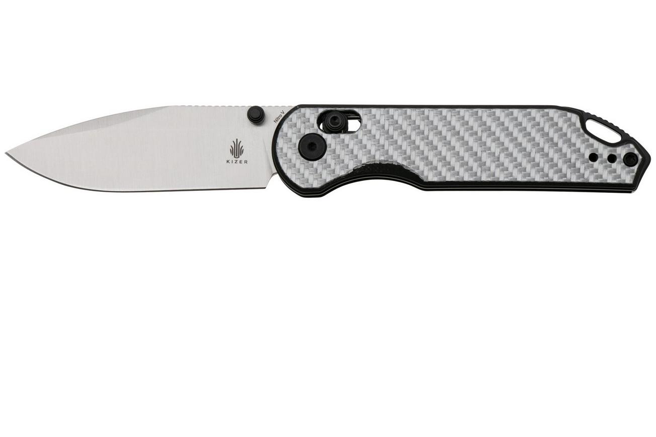 Kizer Vanguard Assassin V3549A3 Satin Nitro V, G10 Silver and Black Carbon Fiber, zakmes, Azo design