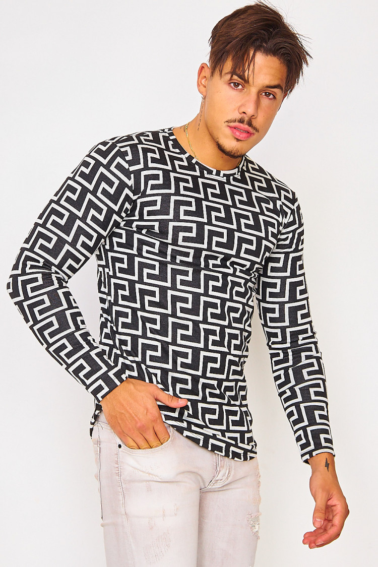 Pull noir à motif grec blanc