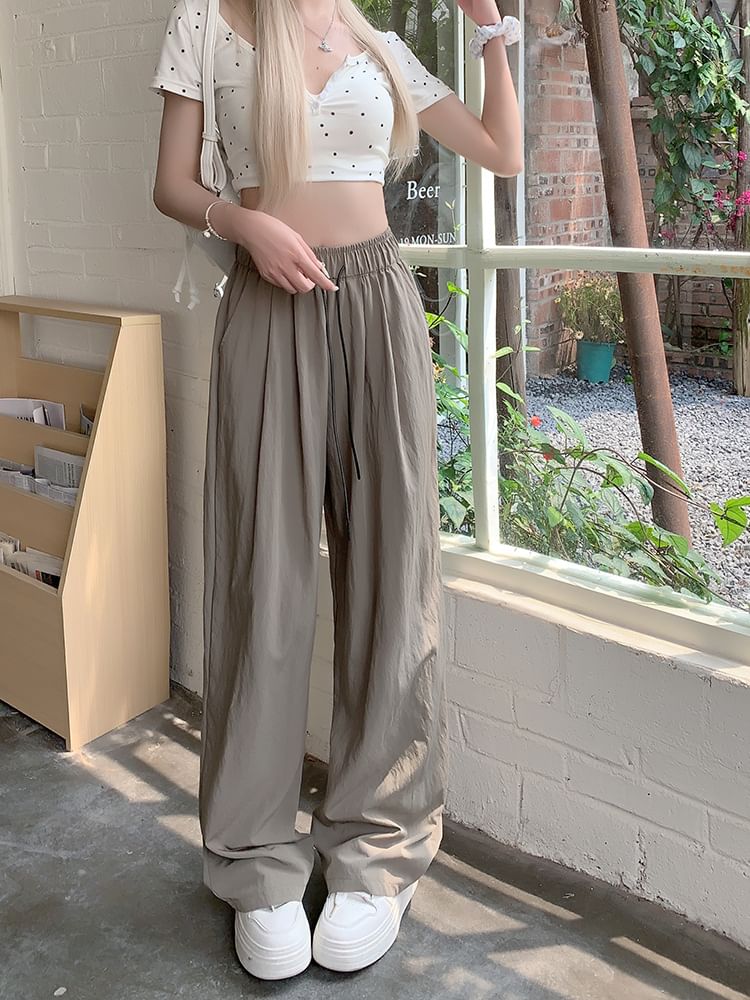 Hanji - Effen broek met wijde pijpen en trekkoord in de taille