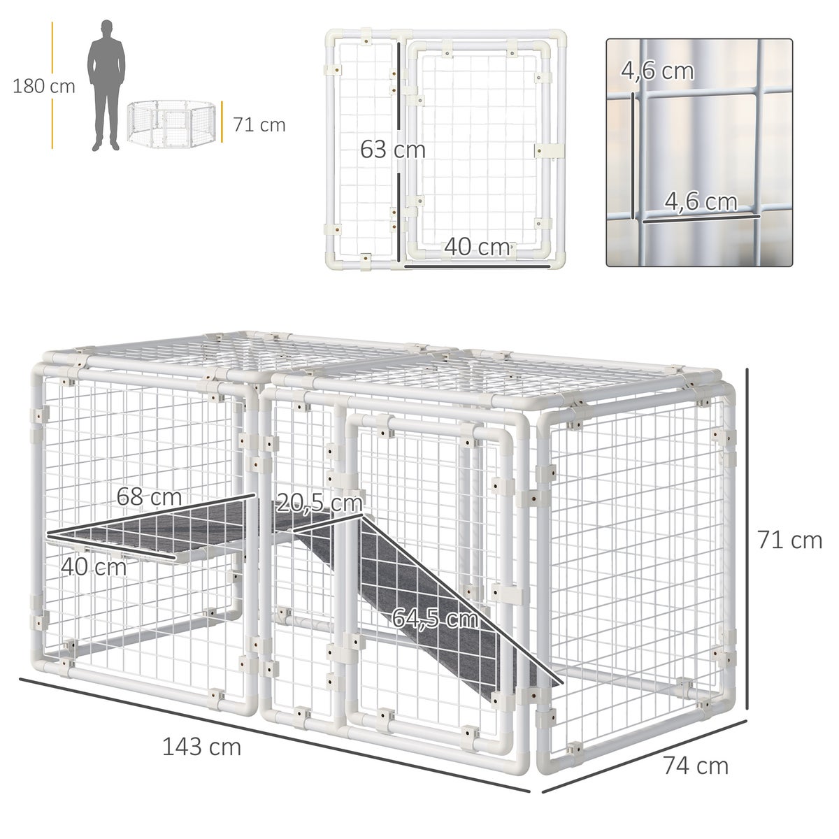 PawHut Konijnenhok, 68L x 68B x 2,5H cm, Staal, PE, Vilt, Wit