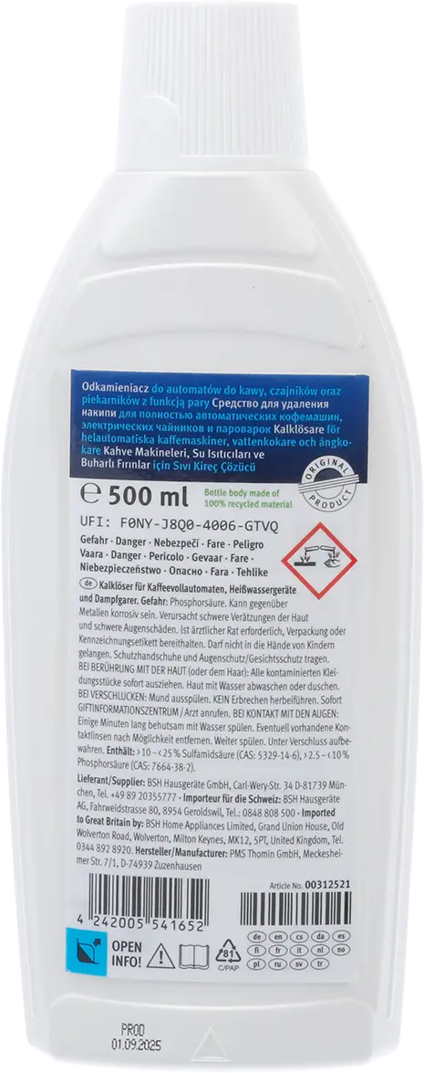Vloeibare ontkalker geschikt voor koffiemachines, waterkokers en stoomovens - 500 ML 00312521
