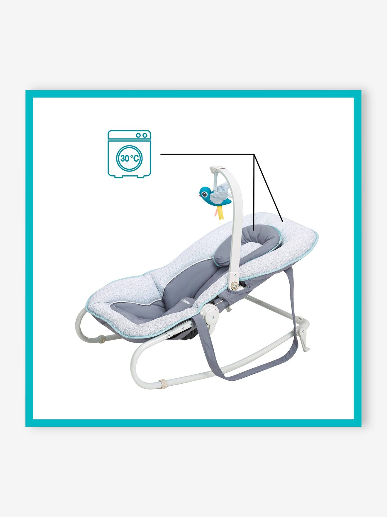 Cadeira de balanço BABYMOOV Graphik com arco de atividades. Estampa azul clara.