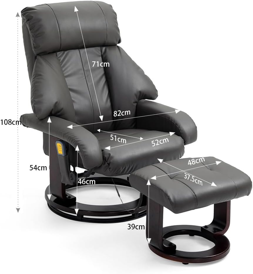 Mingone Fernsehsessel mit Hocker Massagesessel Relaxsessel mit Liegefunktion Elektrisch Wärmefunktion TV-Sessel für Wohnzimmer 360°Drehbar Kunstleder,Grau