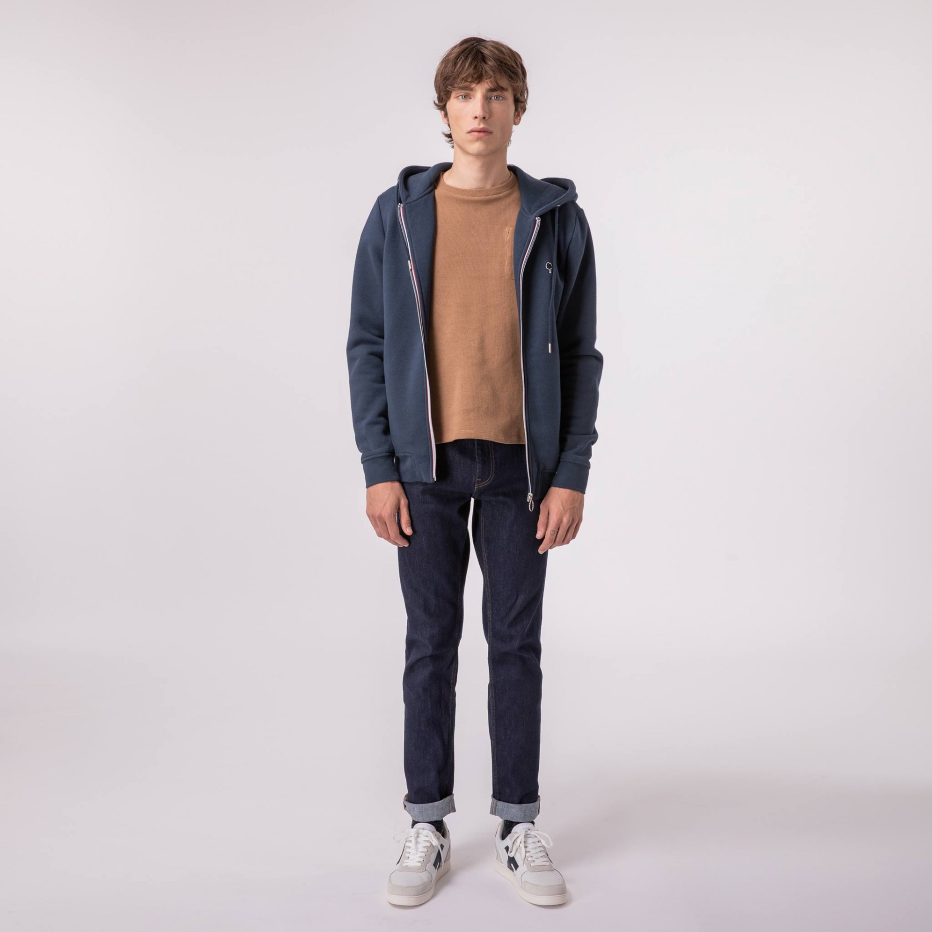 Sweat à capuche zippé bleu marine coton et polyester recyclé - modèle Mesnil