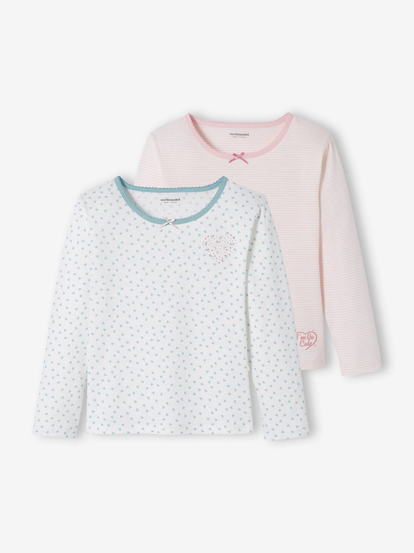 Conjunto de 2 camisetas de manga comprida com estampa de corações, em branco claro, para meninas.