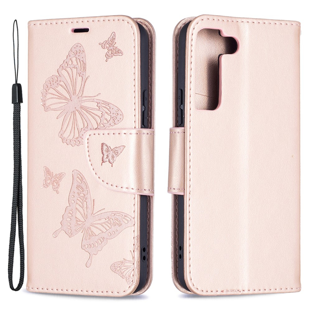 Samsung Galaxy S22 5G Leder Tasche mit Kartenfach   Handschlaufe Schmetterling - Roségold