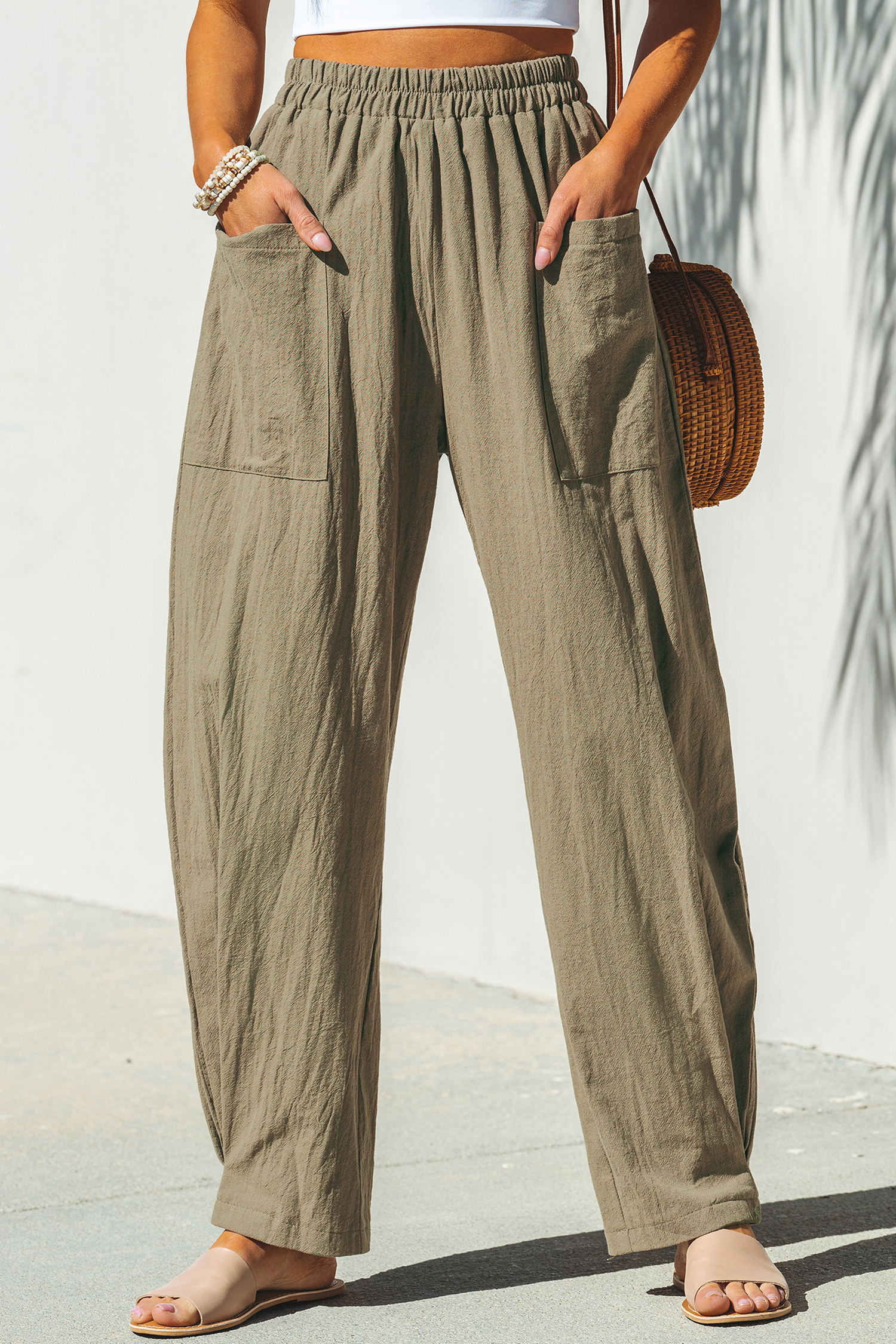 Pantalon en pur coton à jambes larges et taille élastique kaki