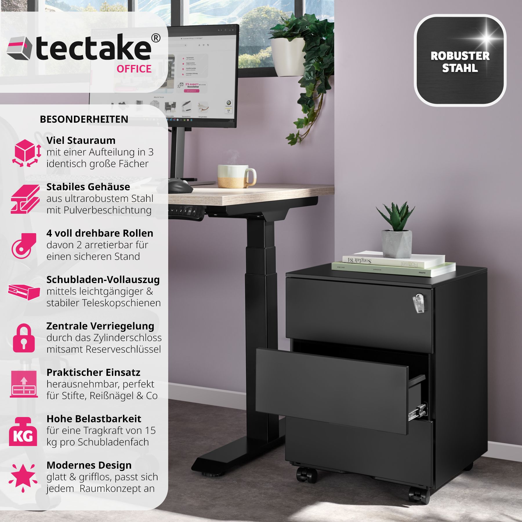 tectake® Aktenrollschrank, aus pulverbeschichtetem Stahl, herausnehmbarer Einsatz für Büroutensilien, 39 x 45 x 55 cm
