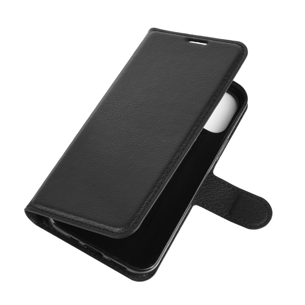 iPhone 12 / iPhone 12 Pro Leder Tasche Flip Cover Litchi Look - Schwarz