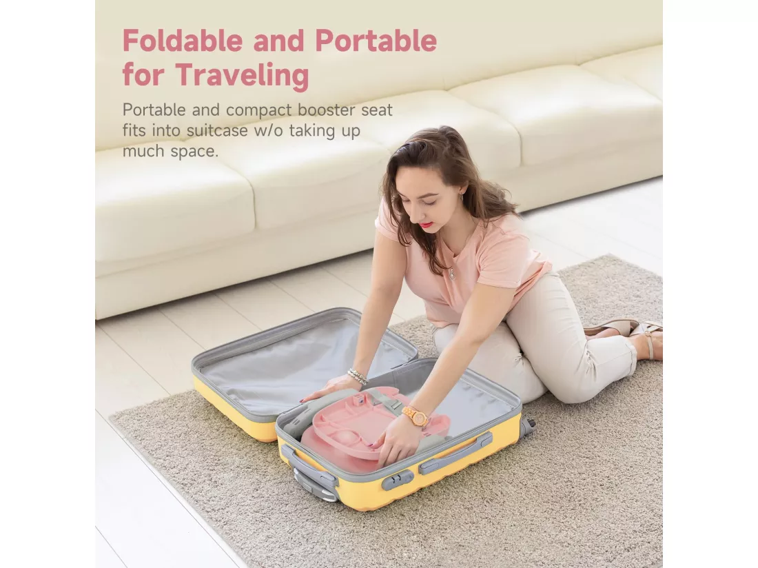 YOLEO Réhausseur Chaise Enfant Pliable,Chaise Haute Bébé Portable, Bébé Chaise repas en Hauteur Réglable,Plateau Amovible,6 mois à 3 ans,Rose