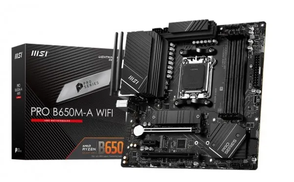 MSI PRO B650M-A WIFI - Bundkort - micro ATX - Socket AM5 - AMD B650 Chipset - USB-C 3.2 Gen2, USB 3.2 Gen 2, USB 3.2 Gen 1 - 2.5 Gigabit LAN, Wi-Fi 6E, Bluetooth - onboard grafik (CPU påkrævet) - HD Audio (8-kanaler)