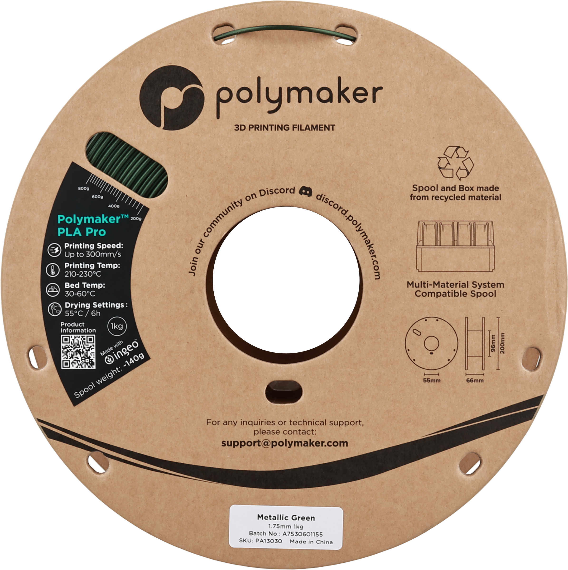 Polymaker  PLA Pro Metallic Green, 1,75 mm / 1000 g    Neue, verbesserte Formulierung: Hochleistungs-High Speed-PLA in Metallic Green