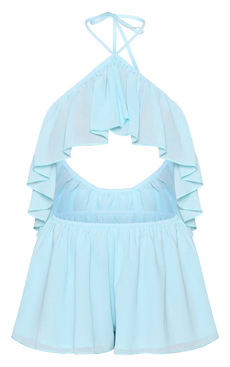 Bleu Layette Combi-short En Mousseline À Volants Et Col Licou