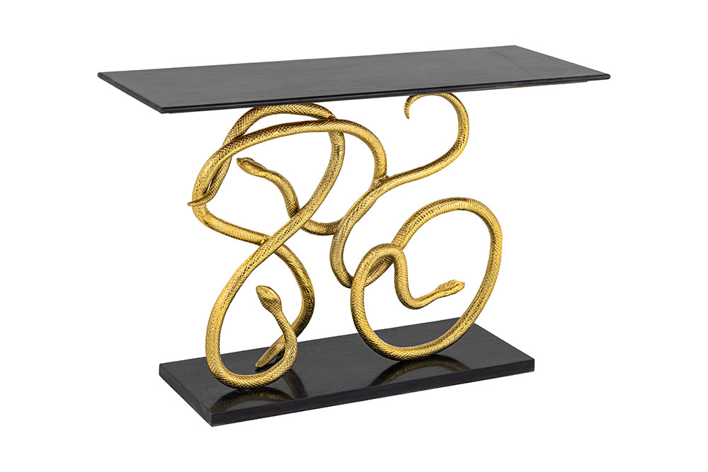 Extravaganter Konsolentisch WILDLIFE SNAKE 115cm schwarz gold Marmor Schlange Skulptur