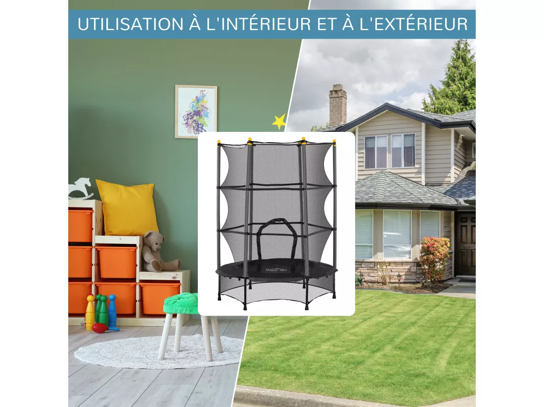 Trampoline de jardin enfants Ø 1,40 x 1,90H m filet de sécurité porte zipée couvre-ressorts + 6 poteaux rembourrés inclus noir
