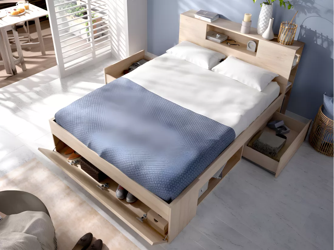 Lit avec tête de lit rangements et tiroirs - 160 x 200 cm - Coloris : Naturel + Sommier - LEANDRE