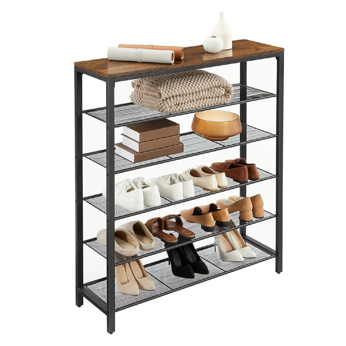 Helloshop26 Étagère à chaussures 5 étagères grillagées - Marron rustique et noir