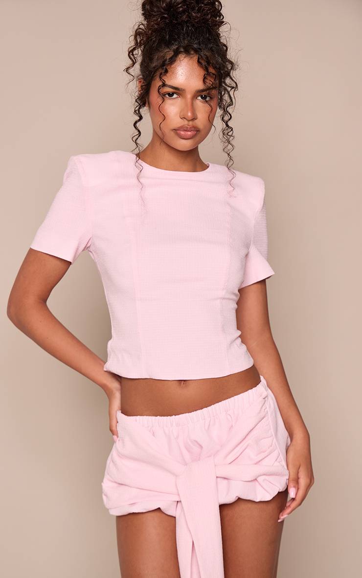 Rose Pâle Ensemble Coordonné T-shirt Structuré Texturé
