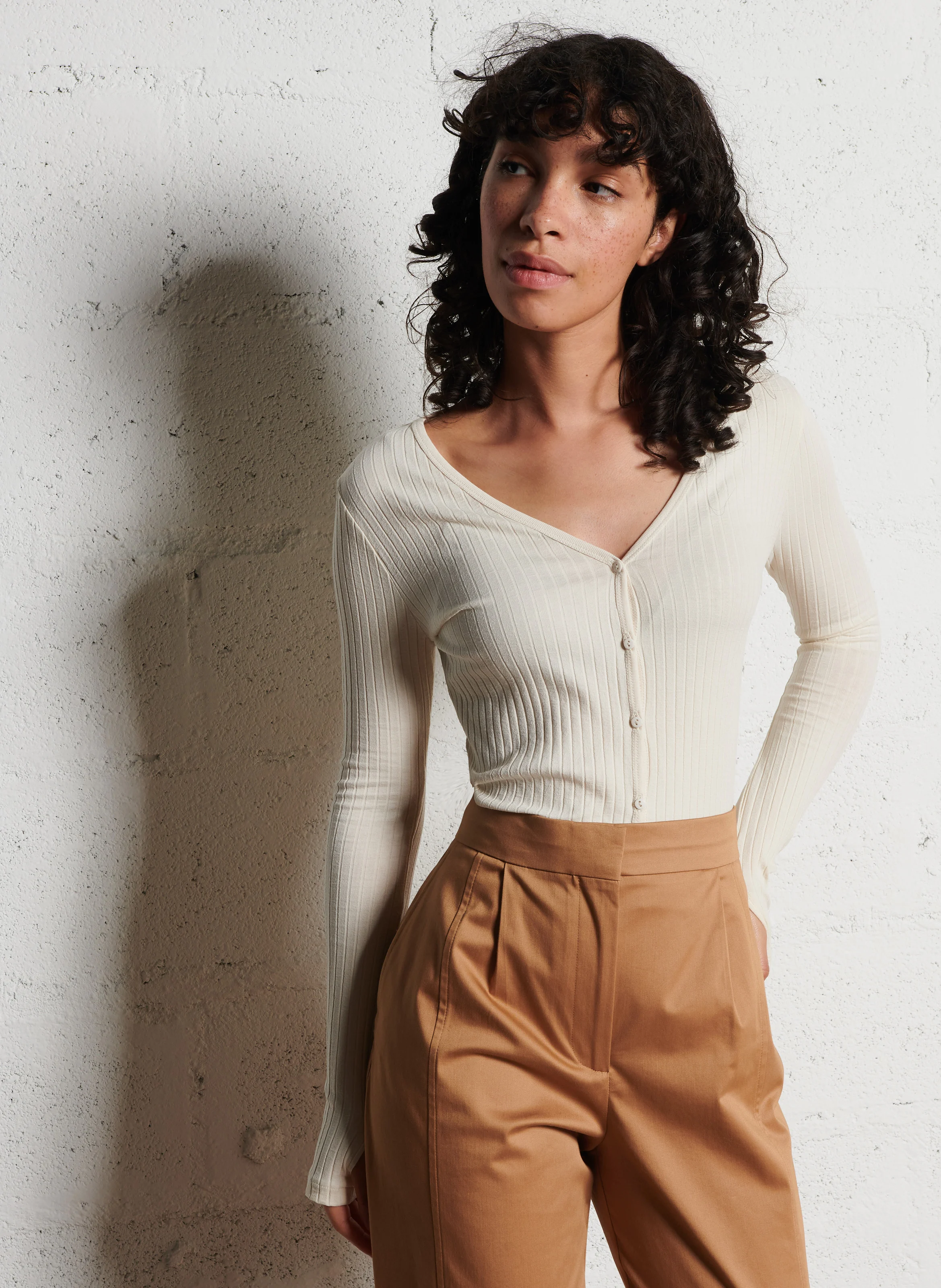 TAN - Cardigan côtelé en coton mélangé | Beige