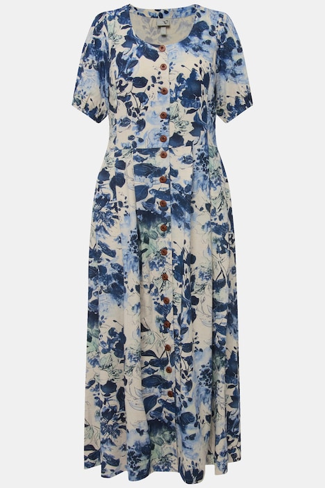 Kleid, Leinenmix, Knopfleiste, Rundhals, Halbarm
