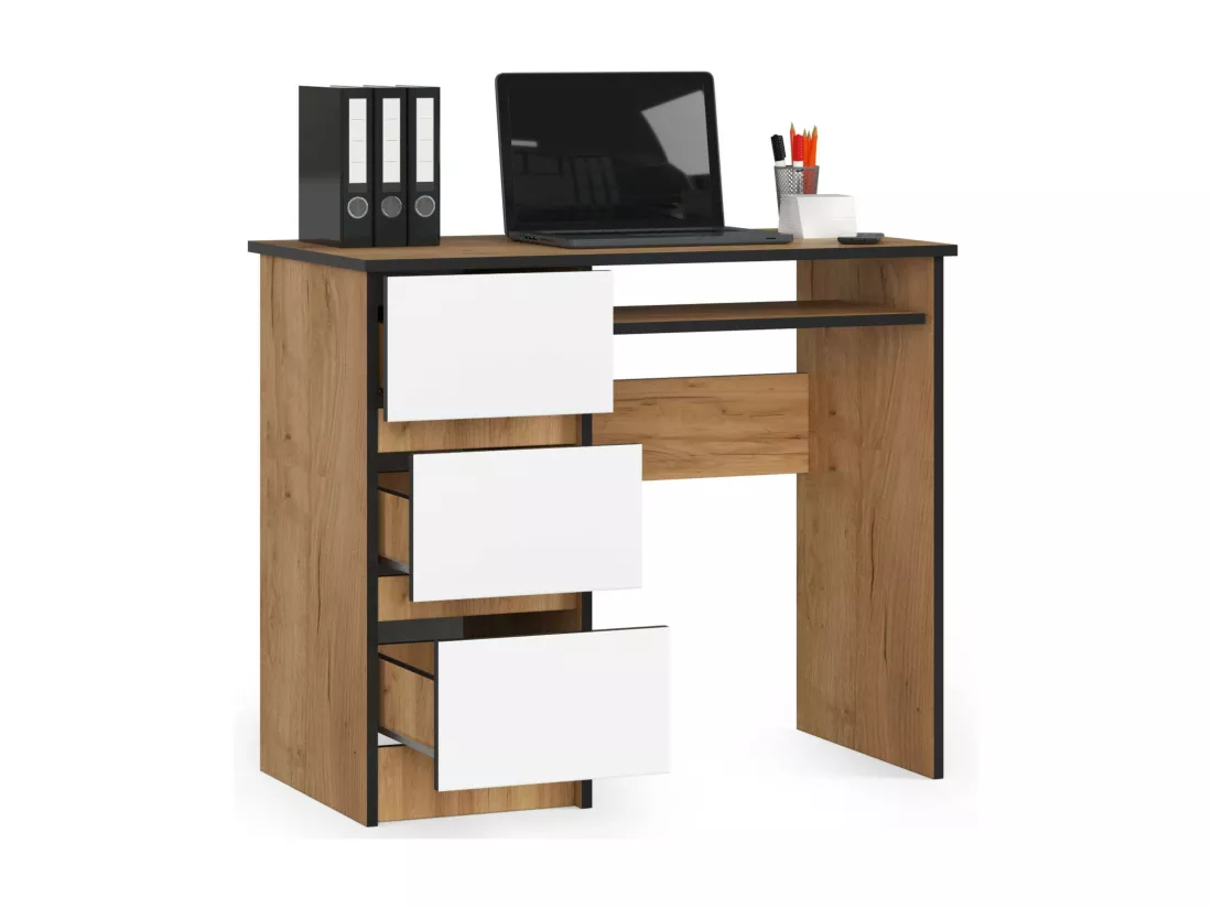 Bureau d'ordinateur AKORD gauche A6 Chêne Craft 90 cm 3 tiroirs façade Blanche 1 étagère 90x50x77 cm