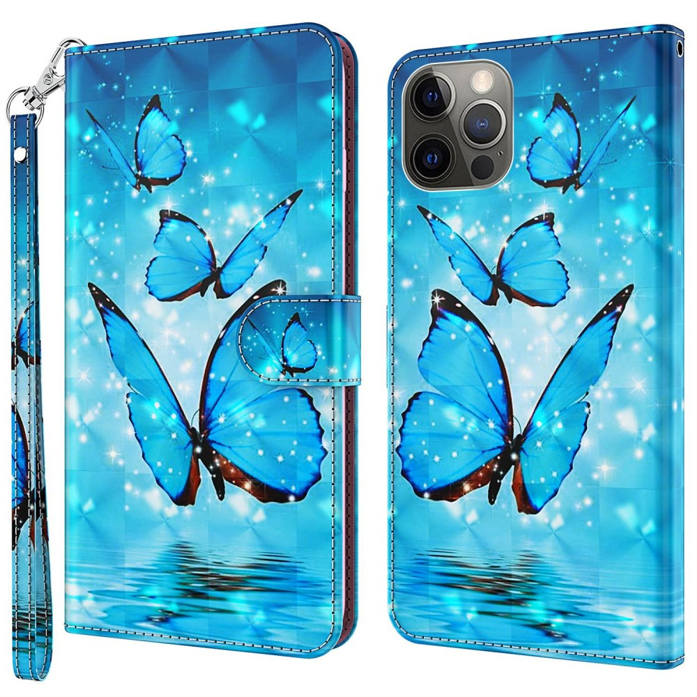 iPhone 14 Pro Leder Tasche mit Kartenfach   Handschlaufe - Schmetterling (Blau)