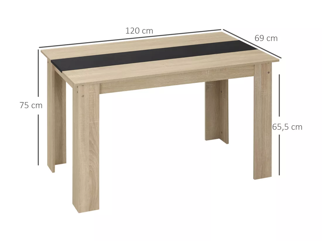 Table à manger grand plateau 4-6 personnes - dim. 120L x 69l x 75H cm - panneaux noir aspect chêne clair