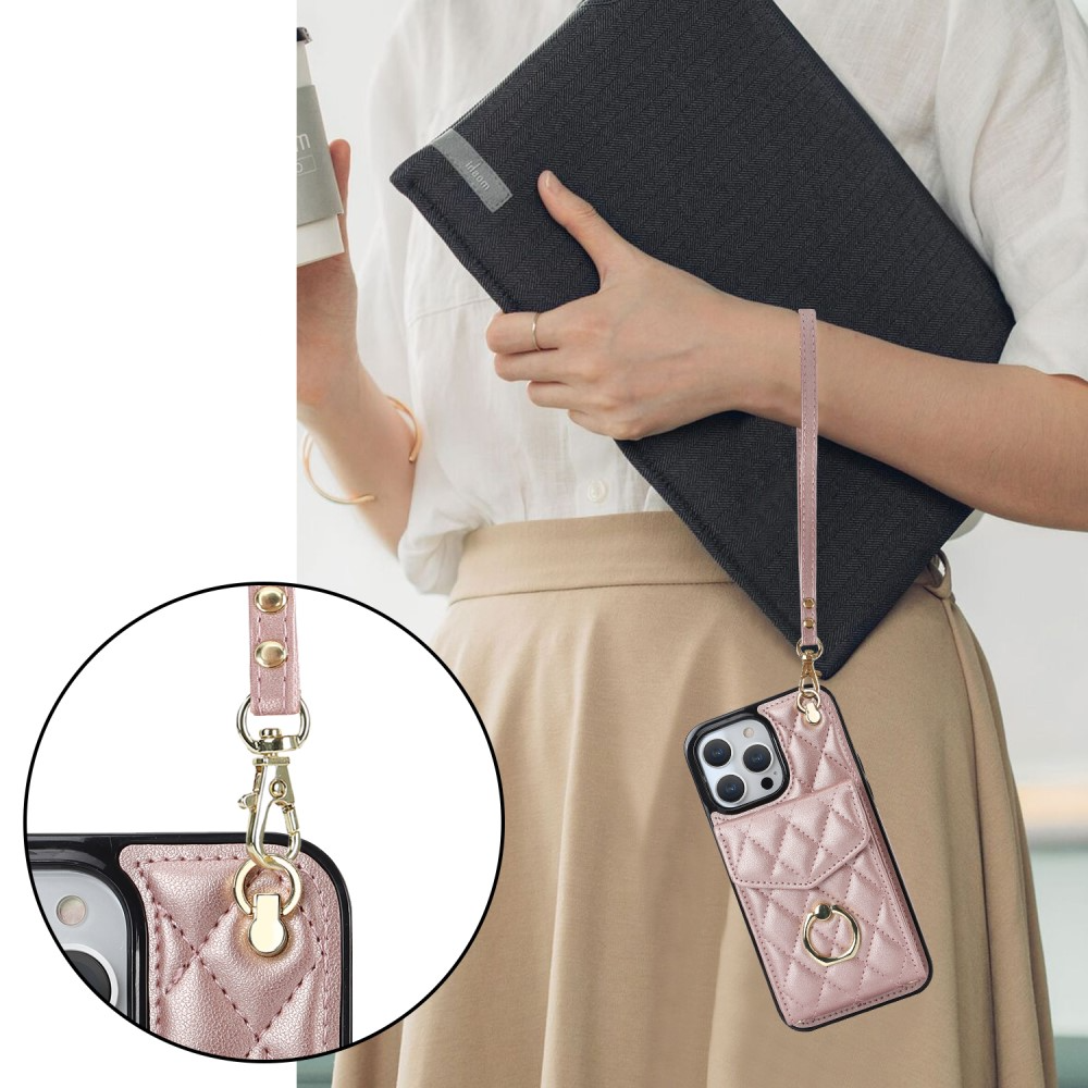 iPhone 15 Pro Necklace Leder Hülle mit Kartenfächer   Finger Griff Halterung   Handykette (RFID Schutz) - Roségold