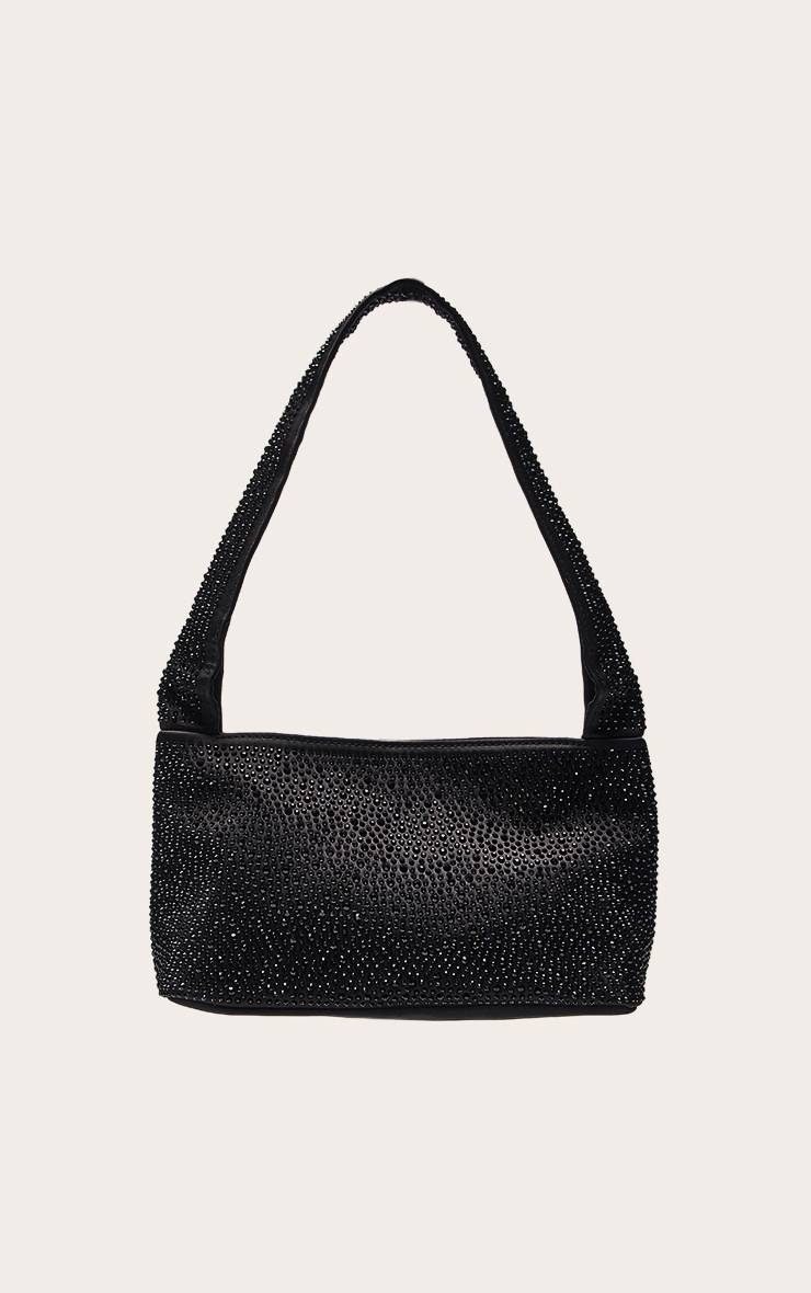 Noir Sac À Bandoulière En Satin Orné De Strass Thermocollants