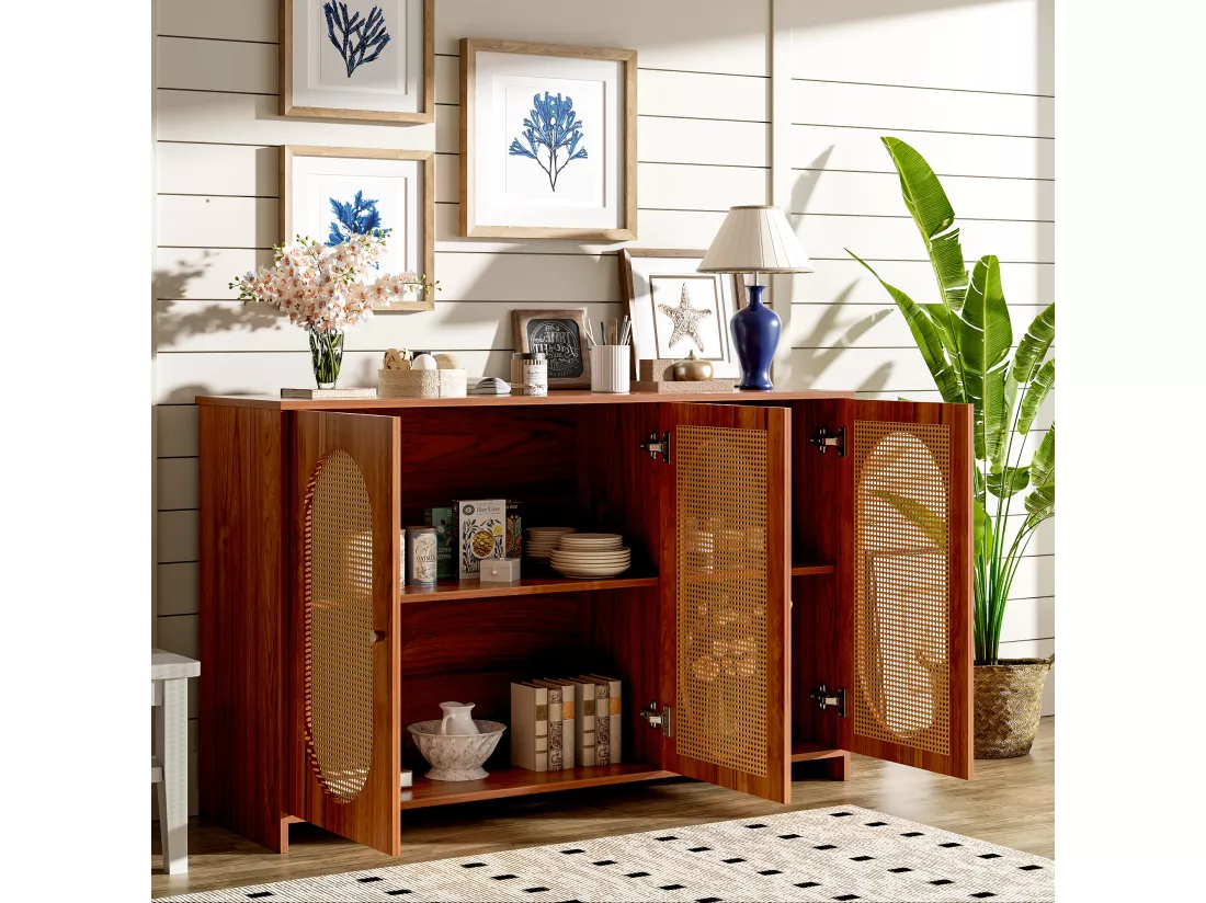 Buffet moderne avec 3 portes en imitation rotin - 125 x 38 x 78 cm - Bois MDF - Noyer