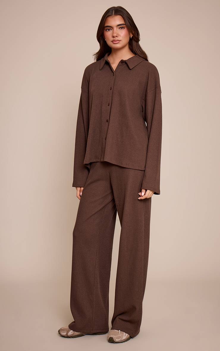 Marron Foncé Pantalon Droit À Grosses Côtes Avec Taille Élastiquée
