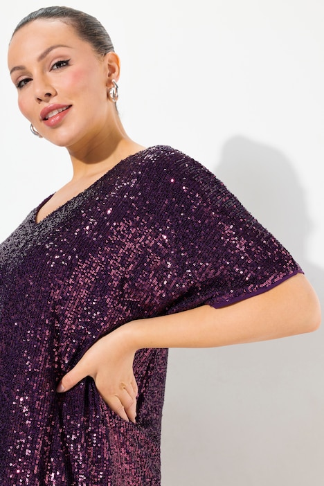 Pailletten-Shirt, Oversized, V-Ausschnitt, Halbarm