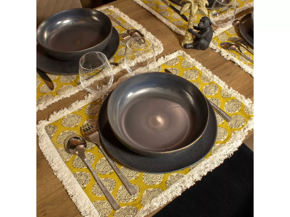 Now's Home - Lot 4 Sets De Table En Coton Jaune Moutarde + Franges 43x28cm Catane