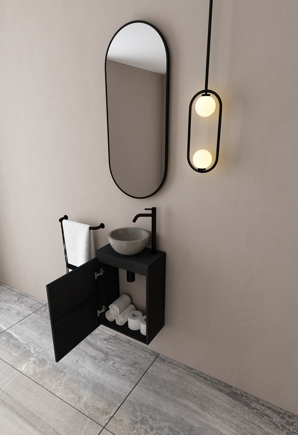MD Interior Eden toiletmeubel zwart mangohout met grijze waskom links