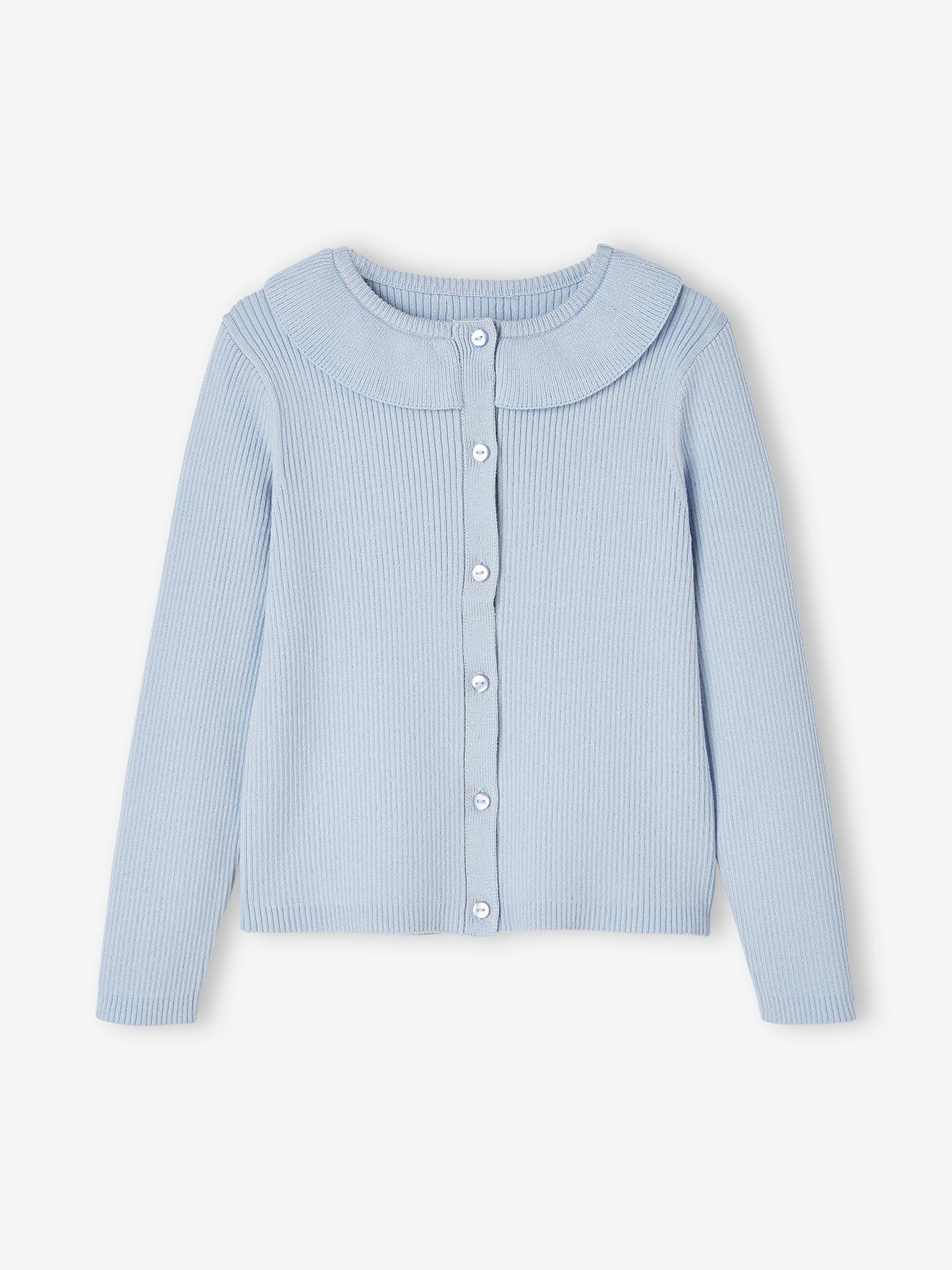 Casaquinho curto com gola de babados, para meninas, azul claro