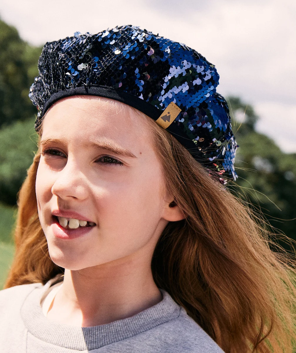 BÉRET FILLE À SEQUINS RÉVERSIBLES BLEU MARINE ET COULEUR ARGENTÉE