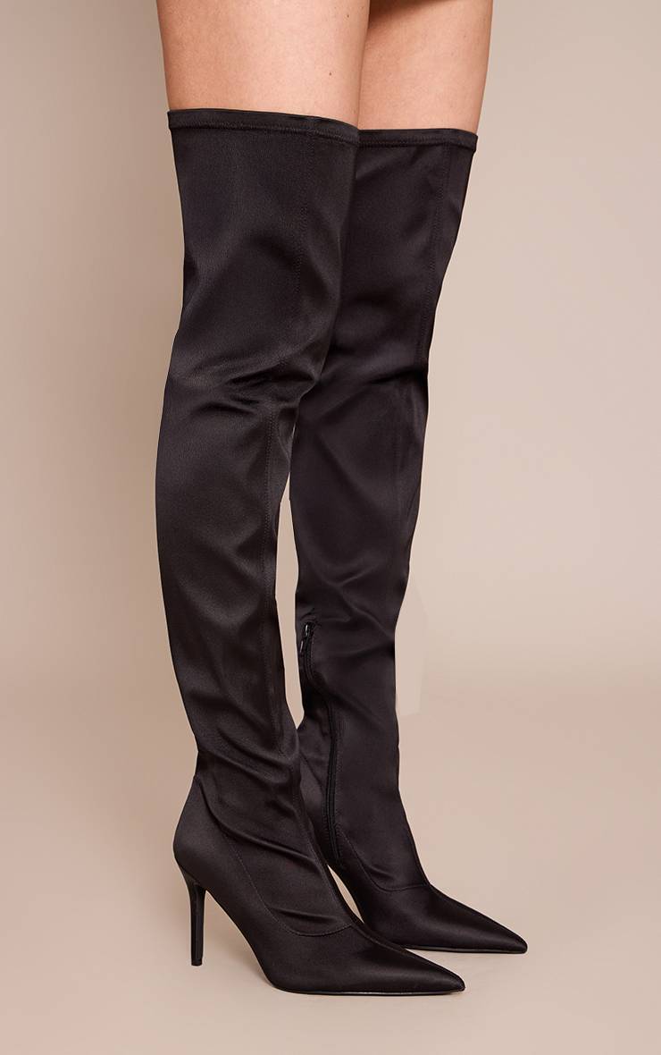 Noir Bottes À Talon À Bout Pointu En Satin Au-dessus Du Genou
