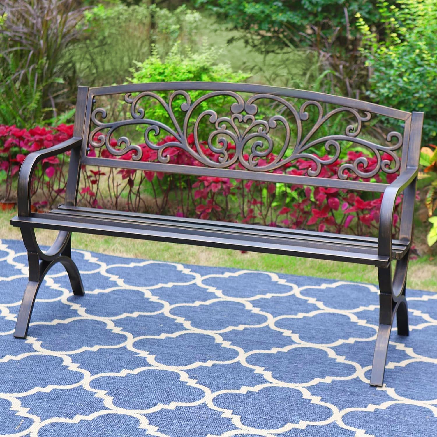 PHI VILLA Gartenbank Metall Rückenlehne aus Gusseisen Stahlrahmen 2-3 Sitzer Bank Outdoor mit Floralem Design für Park, Garten und Terrasse Bronze