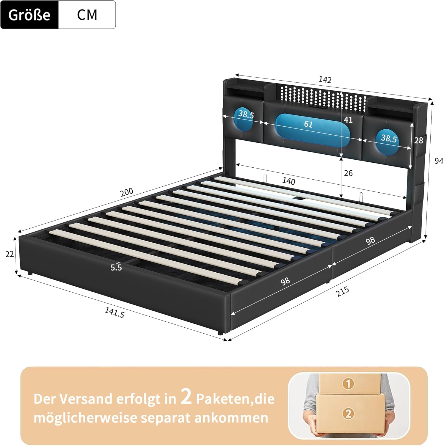 Boxspringbett 140x200 mit Stauraum, Schwarz Polsterbett Jugendbett mit USB/Type-C & LED-Beleuchtung, Versteckter Kopfteil-Stauraum & Lattenrost, Hydraulisch Doppelbett für Schlafzimmer(Ohne Matratze)